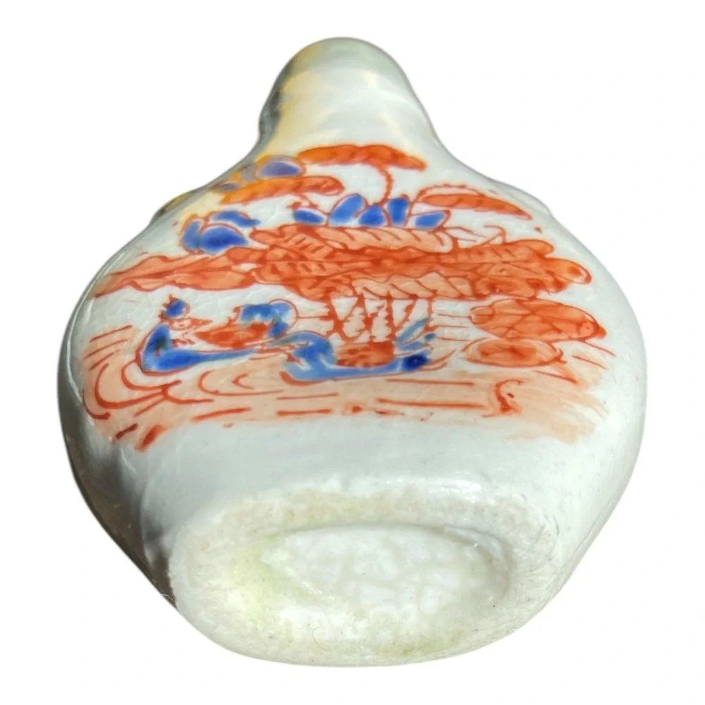 Vintage Chinese Ironstone Snuff Bottle Hand Painted Orange Floral Asian Scene 3